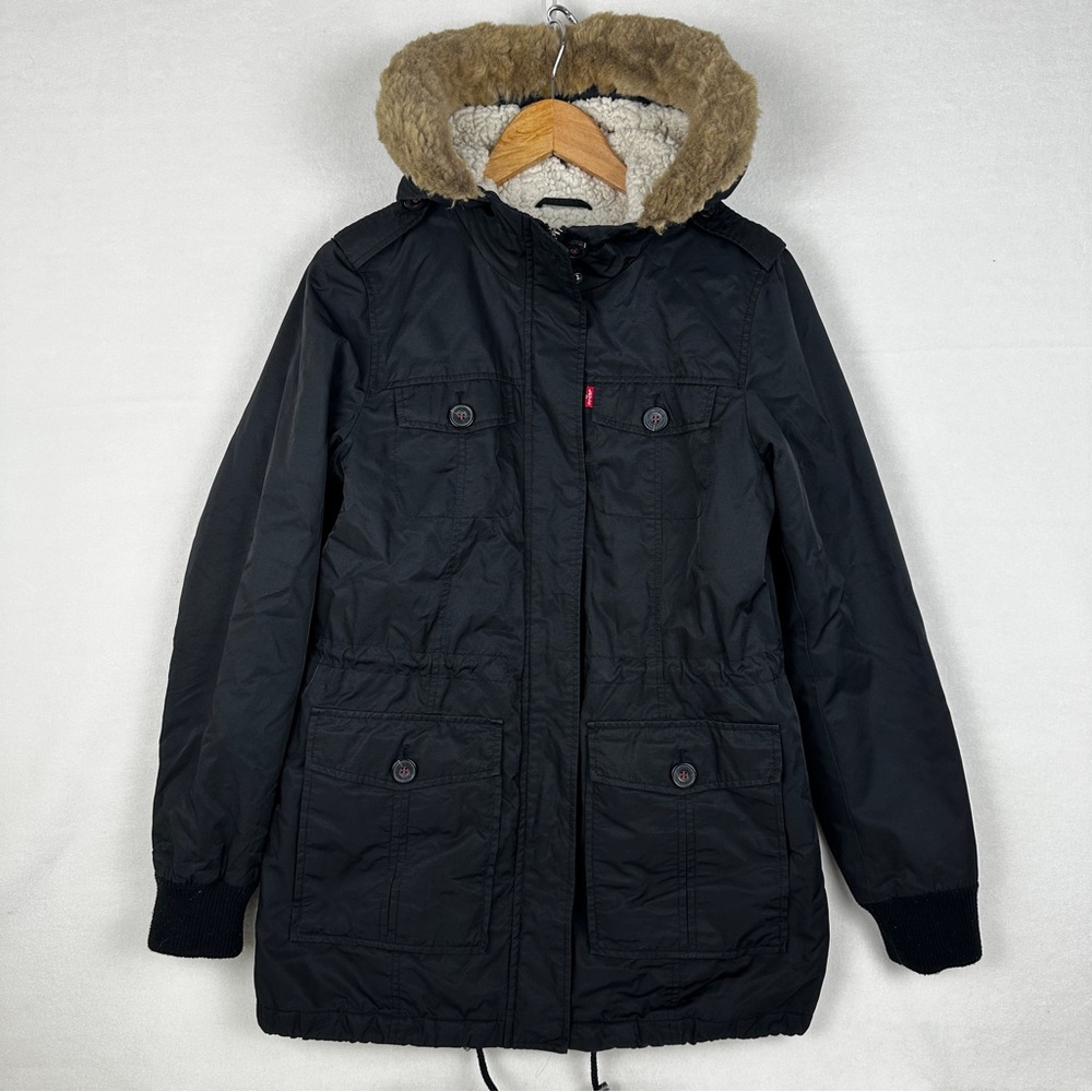 Levi Strauss Womens Utility Jacket Size Small Black Sherpa Fleece Lined Fur Hood